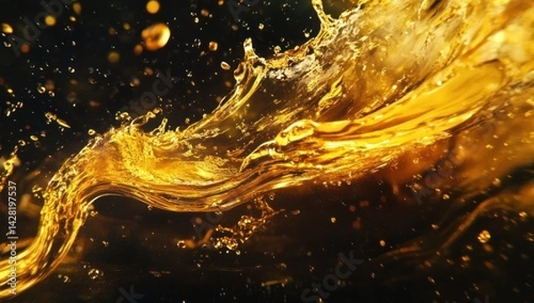 Fototapeta Golden liquid splashes and swirls against a dark background creating dynamic motion.