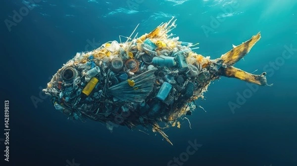 Fototapeta Trash in the form of fish swimming in the ocean.