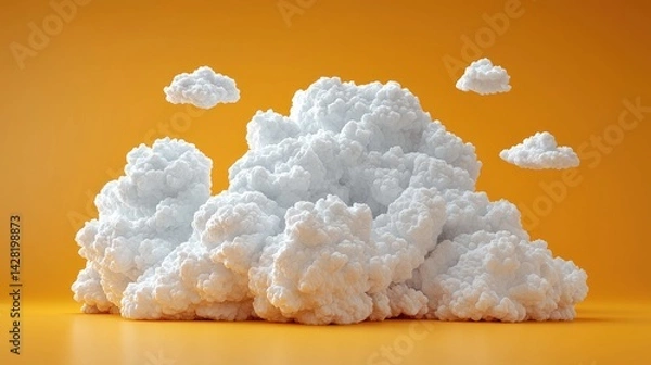Fototapeta Surreal 3D Render of Abstract Minimal Yellow Background with Floating White Clouds in Dreamy Space