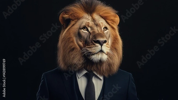 Fototapeta The lion, dressed in a sharp suit, stands with an air of confidence and grandeur. 