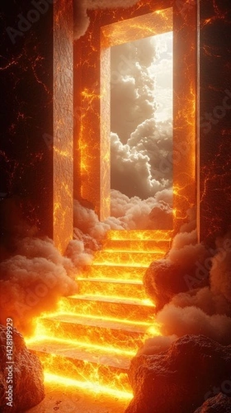 Obraz Surreal 3D Render of Abstract Minimal Yellow Background with Floating White Clouds in Dreamy Space