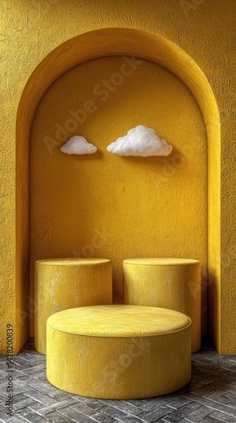Obraz Surreal 3D Render of Abstract Minimal Yellow Background with Floating White Clouds in Dreamy Space