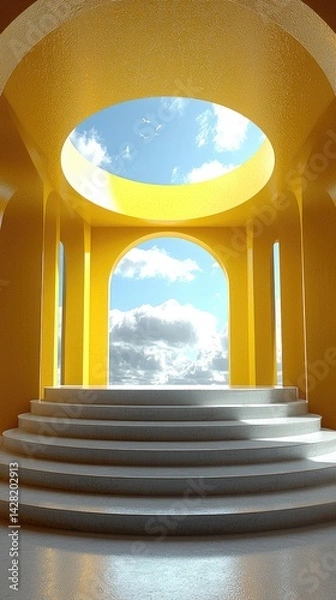 Obraz Surreal 3D Render of Abstract Minimal Yellow Background with Floating White Clouds in Dreamy Space
