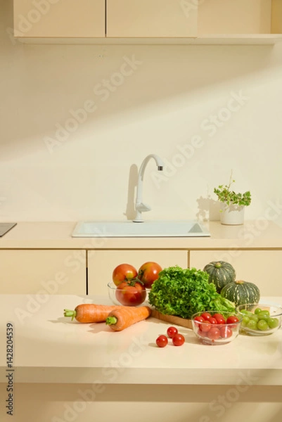 Fototapeta Organic vegetables placed on wooden cutting boards neatly placed on a marble table. Green pots placed next to the clean sink with white faucet. Daylight shine in the kitchen with modern appliances.