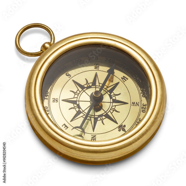 Fototapeta Old-fashioned brass compass isolated on white background