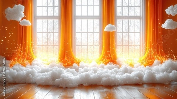 Obraz Surreal 3D Render of Abstract Minimal Yellow Background with Floating White Clouds in Dreamy Space