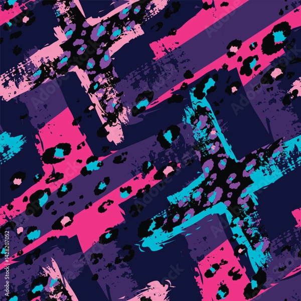 Fototapeta Abstract seamless leopard pattern with cross sign elements, grunge textured background for sport textile, girl clothes, wrapping paper.