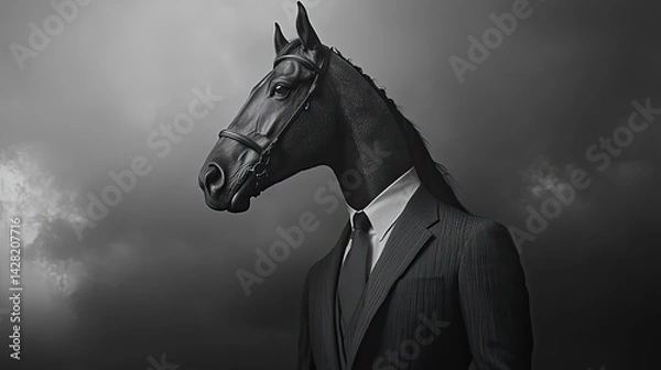 Fototapeta With its mane and fur adorned in vibrant, multicolored hues, this majestic white horse laughs joyfully, creating a sense of whimsy and magic.