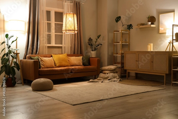 Fototapeta Interior of stylish living room with brown sofa, houseplants and glowing lamps at evening