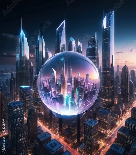 Fototapeta A vibrant futuristic cityscape featuring sleek skyscrapers, neon lights, and a large, glowing orb at its center, radiating energy and innovation.