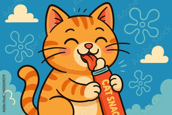 Fototapeta Playful Cat Enjoying Snacks Under a Blue Sky  