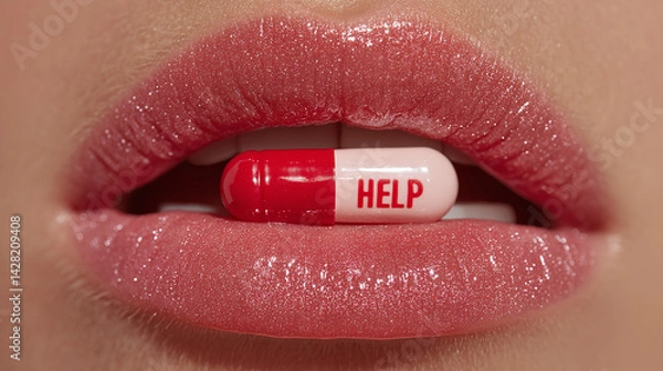 Fototapeta Medication Concept: Lips Holding Red Pill with Text HELP
