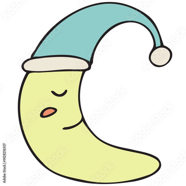 Fototapeta cute crescent moon in nightcap, moon, good night, vector cute colored children s element in doodle style with black outline, delicate colors