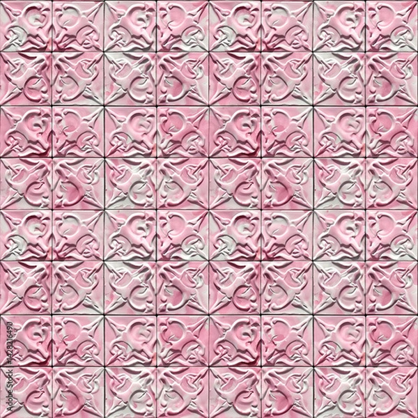 Obraz Pink and white abstract tiled seamless pattern design with decorative floral elements.
