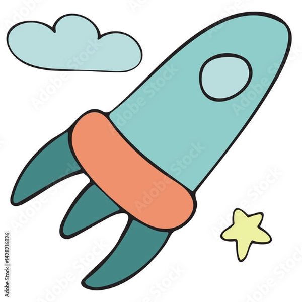 Fototapeta children s toy rocket flies in space, educational games for boys, vector cute colored children s element in doodle style with black outline, delicate colors