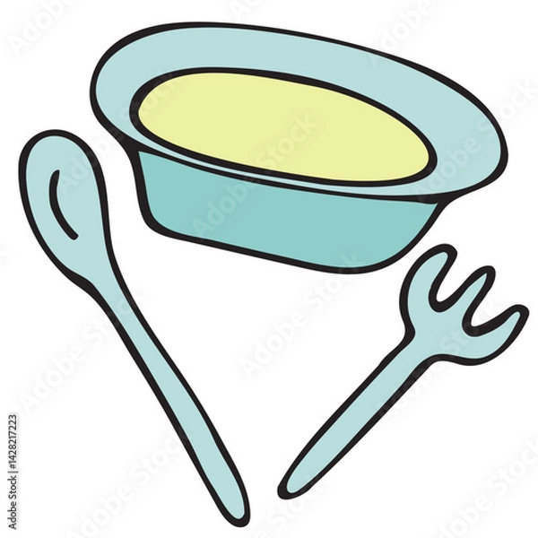 Fototapeta children s tableware set for babies, first feeding, adult food, soup or porridge in a plate with a spoon and fork, vector cute colored children s element in doodle style with black outline, delicate c