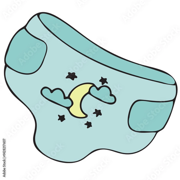 Fototapeta small baby disposable diaper, cleanliness and hygiene of a newborn baby, vector cute colored children s element in doodle style with black outline, delicate colors