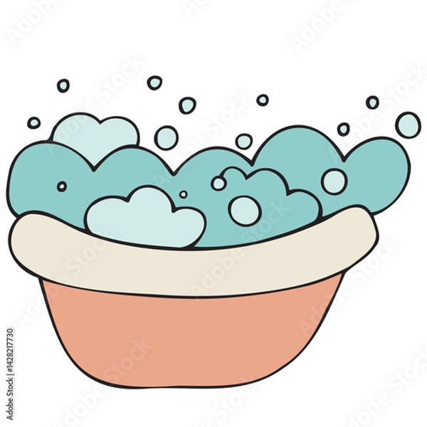 Fototapeta small baby bathtub for bathing babies with bath foam and bubbles, vector cute colored children s element in doodle style with black outline, delicate colors