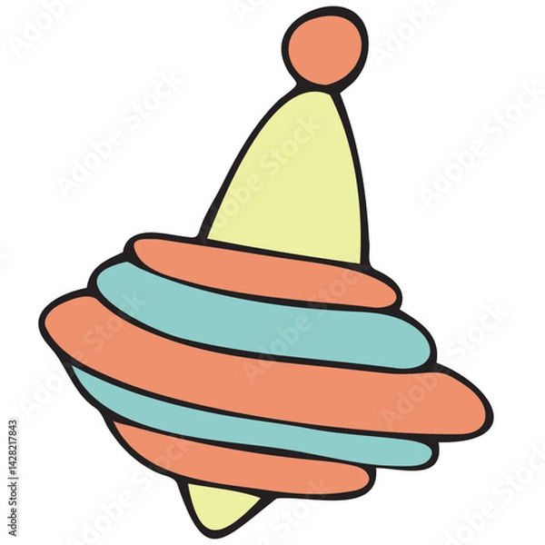Fototapeta top, spinning top, children s toy, cute children s, vector cute colored children s element in doodle style with black outline, delicate colors