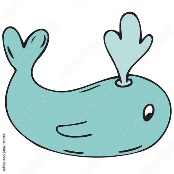 Fototapeta little blue toy whale for bathing in the bathtub and playing with water, vector cute colored children s element in doodle style with black outline, delicate colors