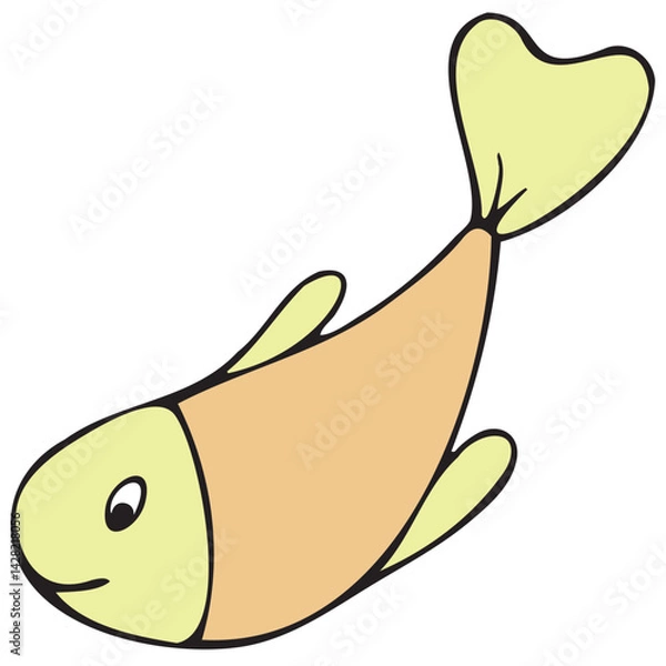 Fototapeta little goldfish for bathing in the bath and playing with water, vector cute colored children s element in doodle style with black outline, delicate colors