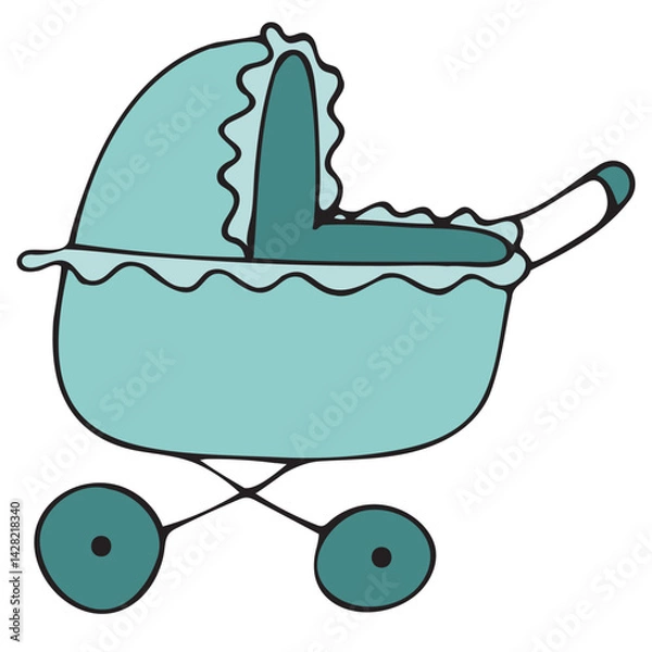 Fototapeta baby stroller for walks, cute things for a newborn baby, vector cute colored children s element in doodle style with black outline, delicate colors