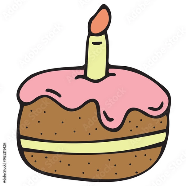Fototapeta cute children s birthday cake with pink cream and candle, vector cute colored children s element in doodle style with black outline, delicate colors