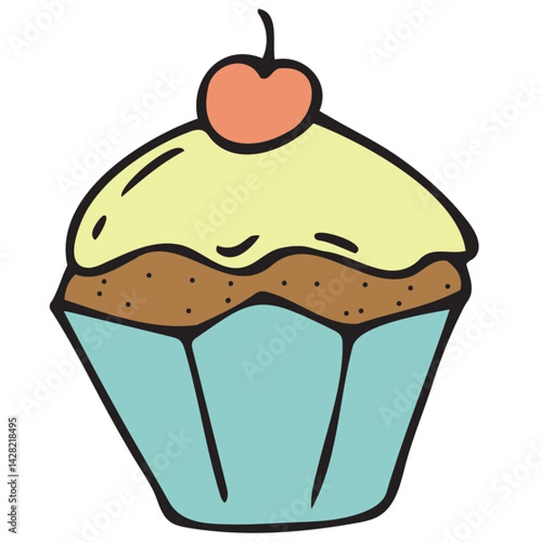 Fototapeta cute children s birthday cupcake with yellow cream and cherry, vector cute colored children s element in doodle style with black outline, delicate colors