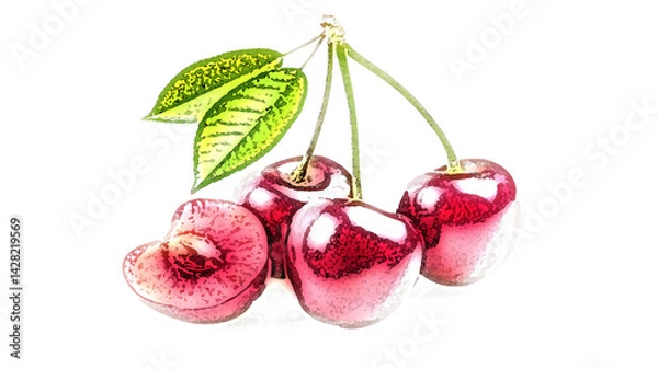 Fototapeta A cluster of red cherries displayed on a white background.