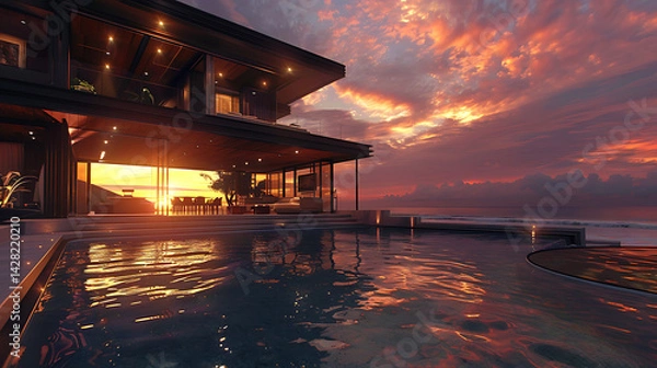 Obraz Luxury houses along Italian coast offer a breathtaking panoramic view of sparkling Mediterranean Sea, with warm sun casting a golden glow during a tranquil summer sunset, creating an idyllic and seren