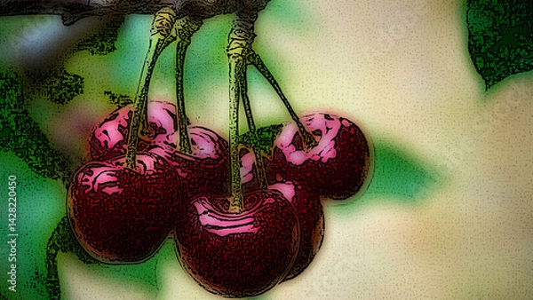 Fototapeta A cluster of red cherries displayed on a white background.