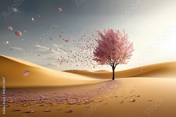 Fototapeta Serene pink blossoms cascade gently from a lone tree amid the golden dunes of a vast desert, creating a striking contrast under a soft sky.