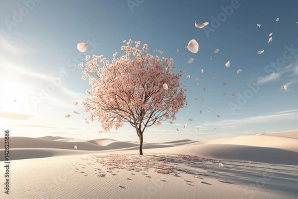 Obraz Solitary cherry blossom tree in serene desert with gentle petals gliding across the soft sand under a bright expansive sky