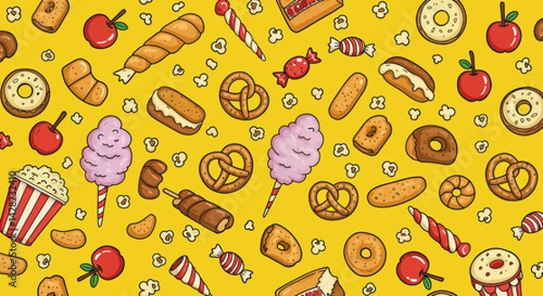 Fototapeta Whimsical confectionery delight seamless pattern on a cheerful yellow backdrop