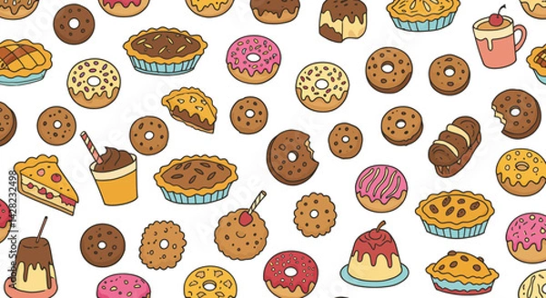 Fototapeta Sweet Temptations: A Whimsical Dessert Delight, Seamless Cartoon Pattern for Festive Occasions