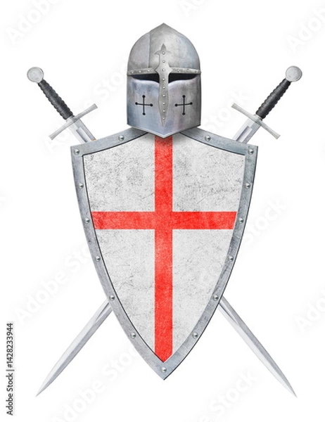 Fototapeta knight's helmet shield with red cross and two swords isolated on white