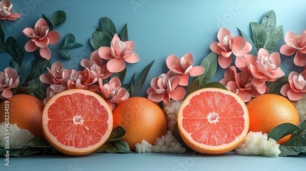 Fototapeta Bright oranges and halved grapefruit are artfully arranged alongside pink flowers and green leaves, creating a cheerful atmosphere