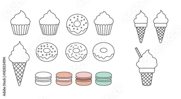 Fototapeta Delightful confectionery outline assortment featuring ice cream, donuts, cupcakes and macaroons