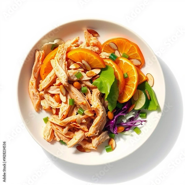Fototapeta Shredded Chicken Salad with Orange Slices and Almonds on White Background
