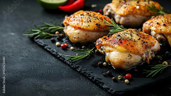 Fototapeta Grilled Chicken Thighs with Herbs and Spices on Dark Slate Plate
