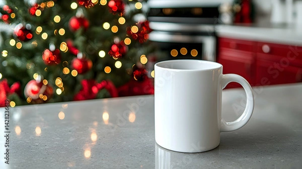 Fototapeta White Coffee Mug on Countertop with Christmas Tree in Background
