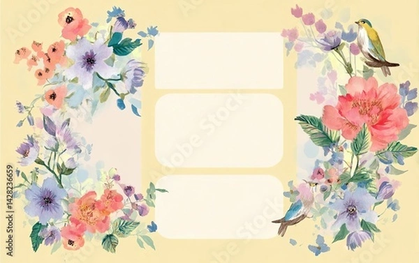 Fototapeta Pastel watercolor floral frame on soft yellow background with empty center space