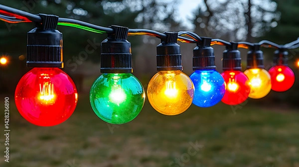 Fototapeta Colorful Decorative Lights Hanging on a String in Outdoor Setting