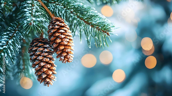 Fototapeta Snowy Pinecones on Evergreen Branch with Blurred Background Lights