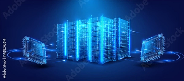 Obraz Vector illustration of glowing blue wireframe data-center racks linked to two microchips, futuristic neon HUD scene symbolizing high-performance AI computing, cloud storage and digital infrastructure.