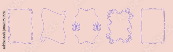 Fototapeta Collection of doodle hand drawn trendy frames with wavy lines, bows and ribbons. Minimalist line art for birthday, christmas, wedding Invitations.