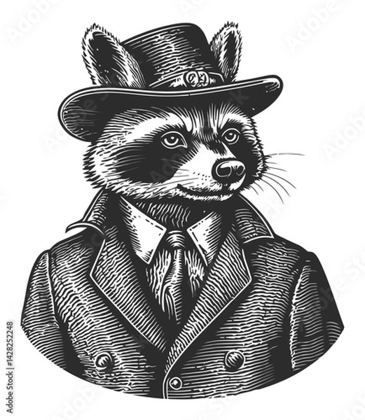 Fototapeta Vintage Linocut Style Portrait of a Dapper Raccoon Wearing a Hat