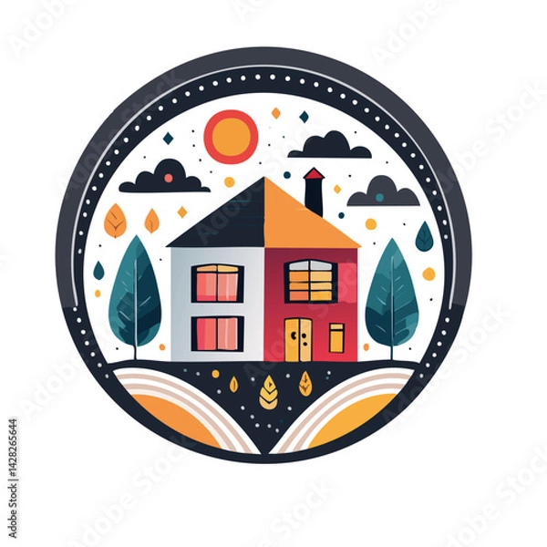 Fototapeta Illustrated House with Trees and Clouds