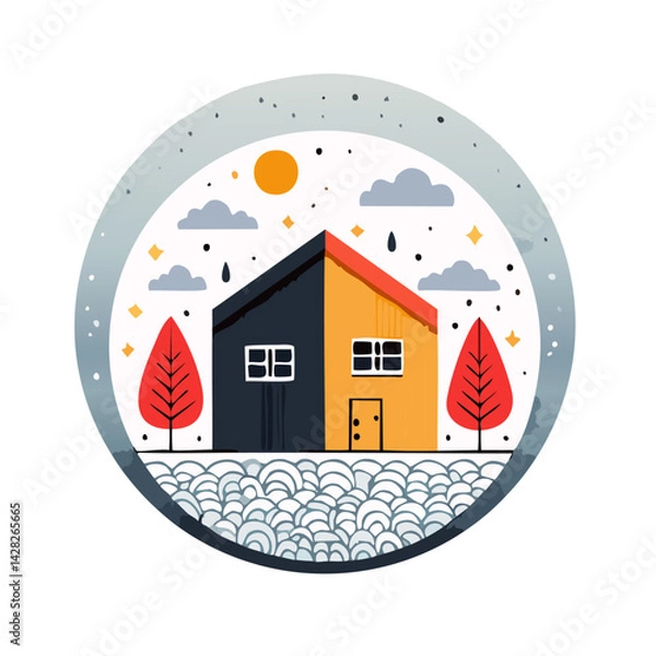 Fototapeta  Illustrated House with Trees and Clouds