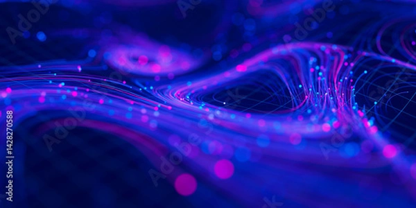 Obraz Closeup of Big data swirl patterns in futuristic cyberspace. Whirl flow of data in quantum digital network. Neon qubit stream with DOF.